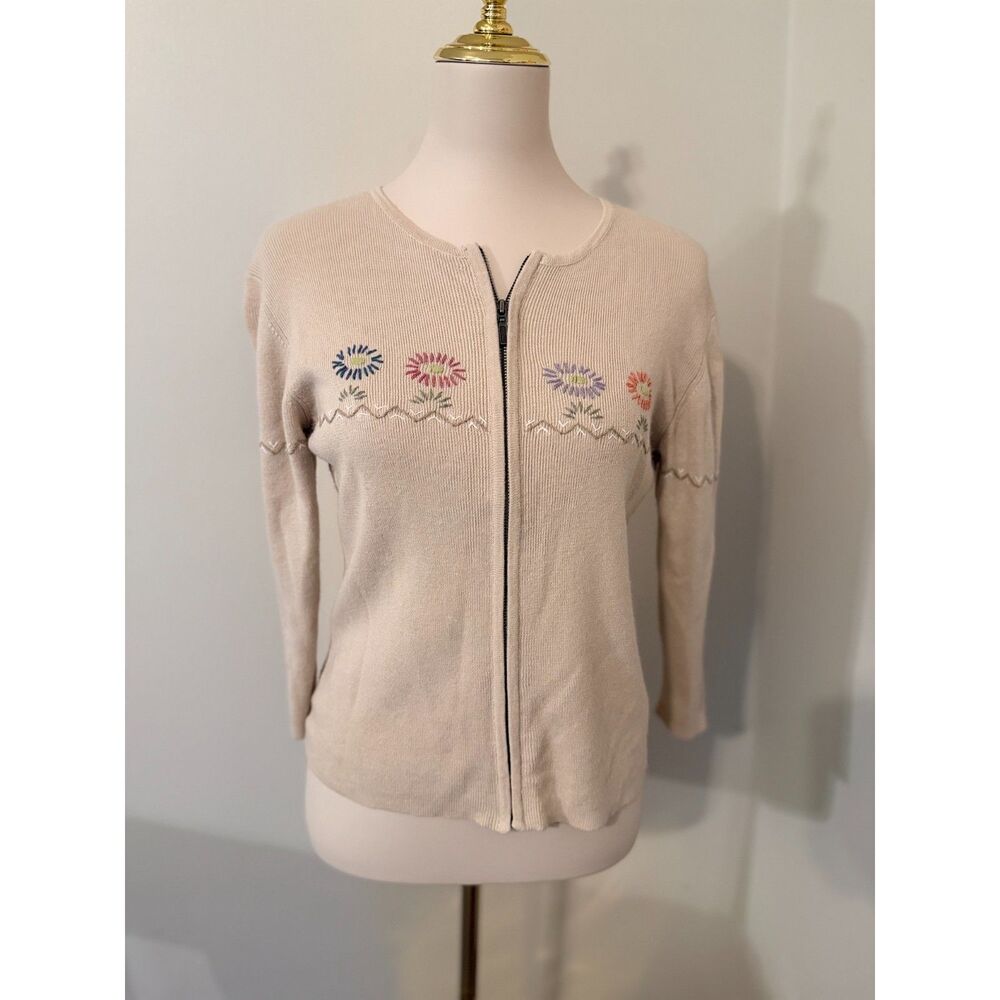 Vintage Woolrich Womens M Floral Embroidered Zip Cardigan Ramie Cotton Stone